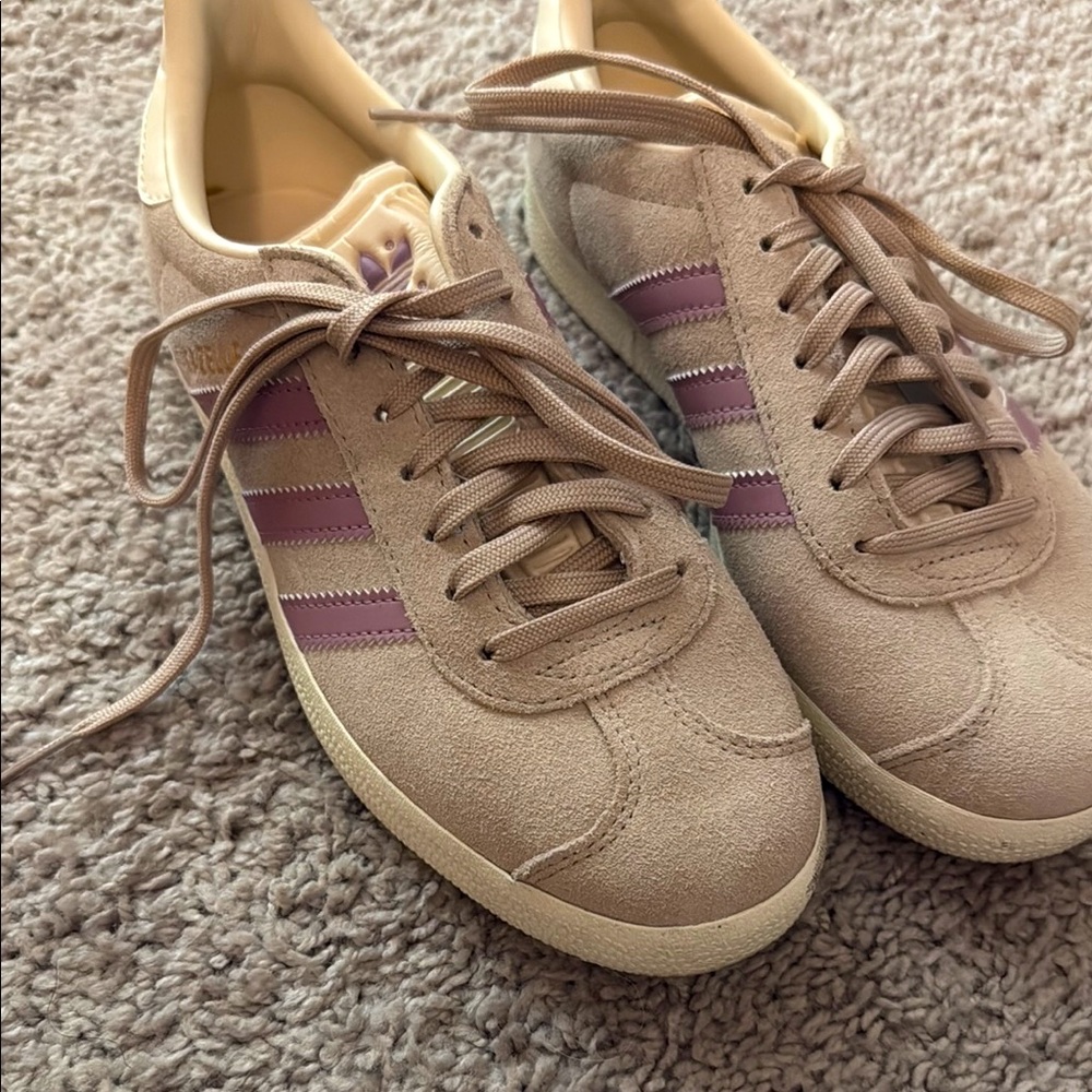 Adidas Tan and Purple Gazelle Sneakers